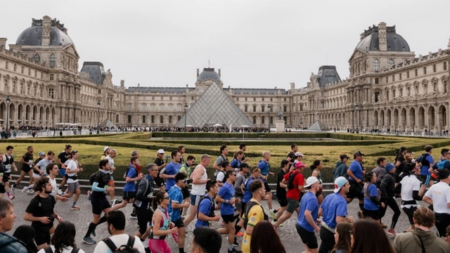 Corredores frente a la pirámide del Louvre en París